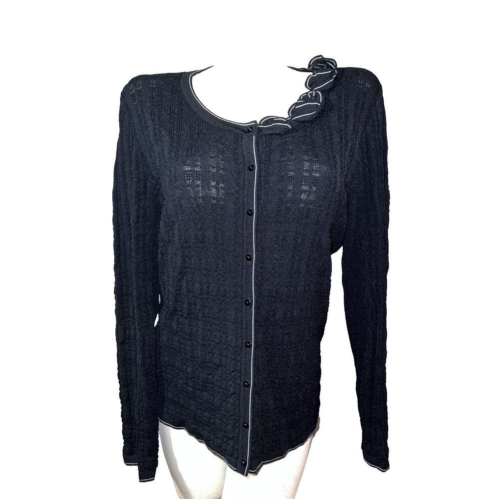 Kate‎ Hill Black Textured Knit Cardigan XL Ruffle Rosette Button Front Sweater